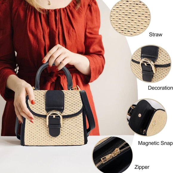 Retro Straw Woven Handbag Womens Small Cross Body Bag Shoulder Messenger Satchel - Picture 2 of 7